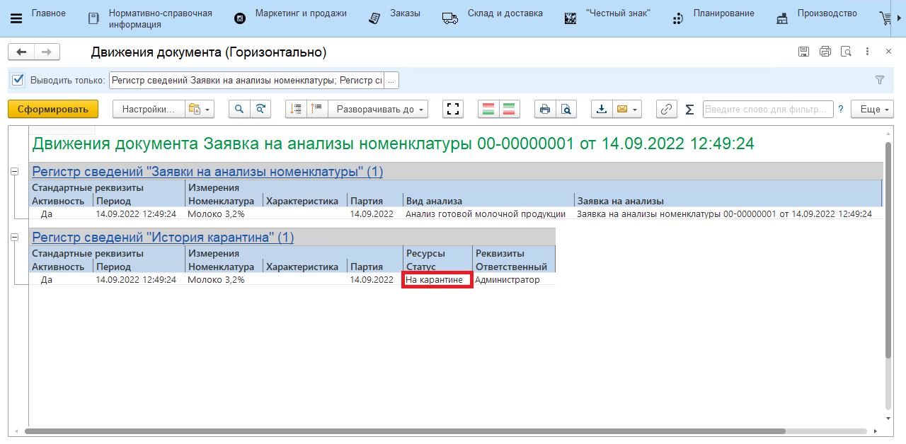 Заявка на анализы номенклатуры.Движение документа.На карантине